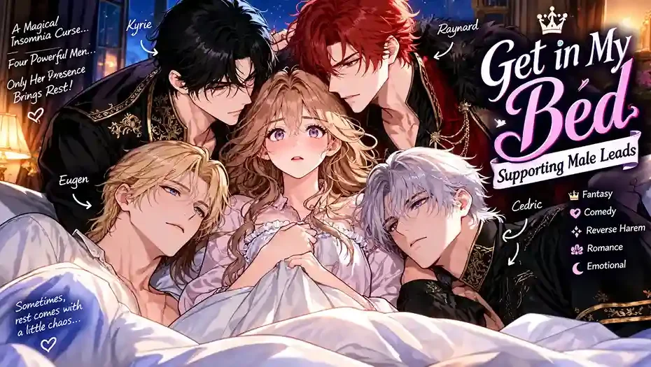 Charlotte Lindsey and exhausted male leads from Get in My Bed Supporting Male Leads manhwa