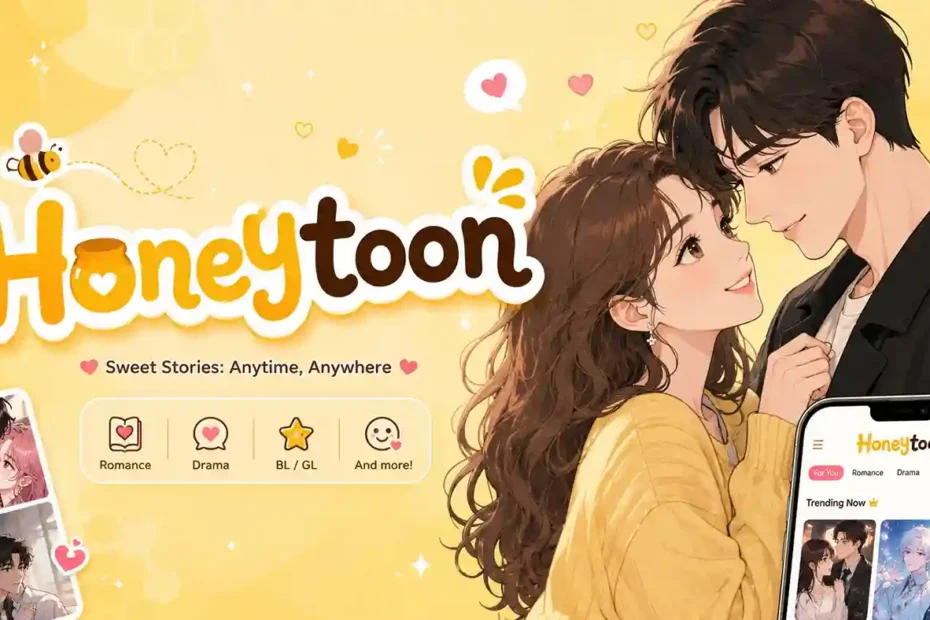 Honeytoon webtoon platform featuring romantic manga-style couple and sweet story themes