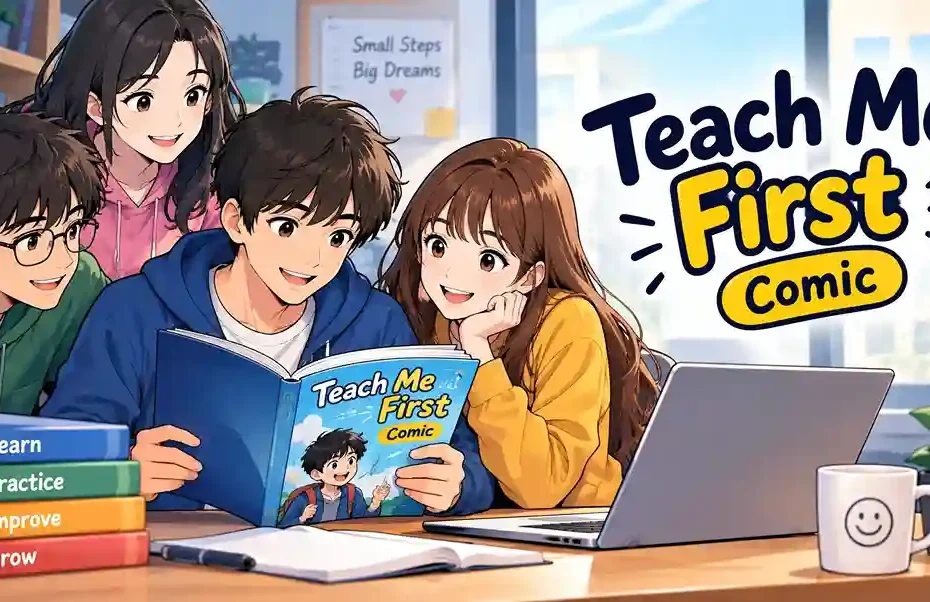 Teach Me First Comic featuring students reading and learning together