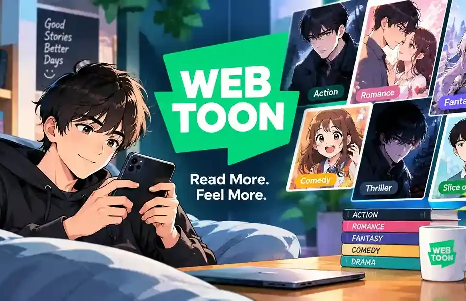 Webtoon reader enjoying digital comics on a smartphone