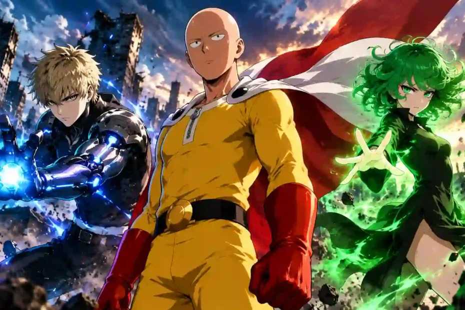 Saitama, Genos, and Tatsumaki from One Punch Man surrounded by blue and green energy in a destroyed city.