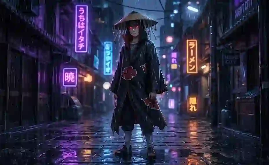 Cinematic 16:9 illustration of Itachi Uchiha standing in a rainy alley at night, wearing his Akatsuki cloak with glowing red Mangekyo Sharingan eyes and neon purple lighting reflections.