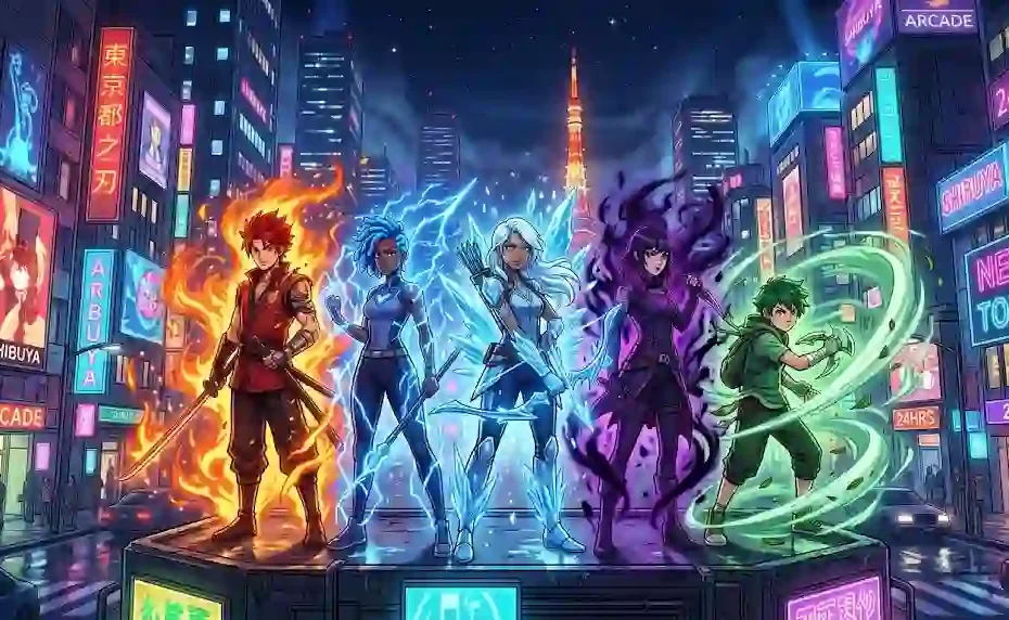 Five diverse anime characters standing back-to-back in a vibrant neon Tokyo cityscape at night, each glowing with elemental auras of fire, lightning, ice, shadow, and wind in a cel-shaded art style.