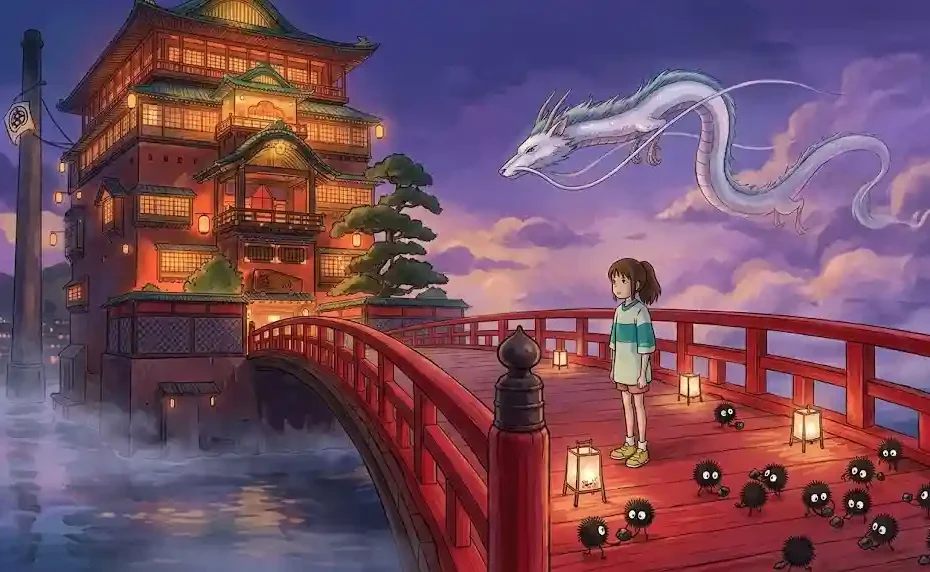 Chihiro standing on a red bridge with soot sprites in front of the glowing bathhouse as white dragon Haku soars above in Studio Ghibli style.