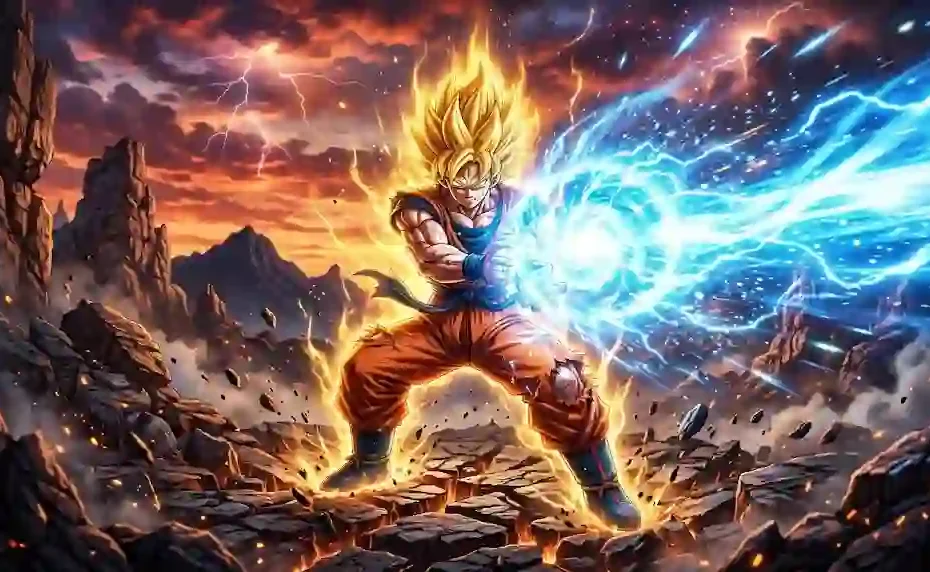 Super Saiyan Goku charging a massive blue Kamehameha energy wave with a golden aura on a cracked rocky alien battlefield under a dramatic orange sunset sky.