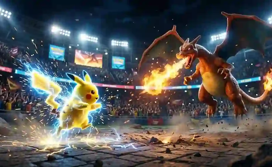 An electric Pikachu glowing with blue and yellow lightning sparks facing off against a powerful Charizard breathing fire inside a packed, spotlight-lit battle stadium.