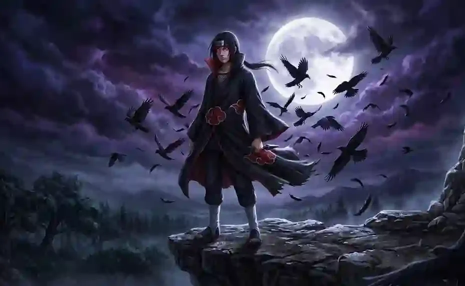 Itachi Uchiha standing on a moonlit cliff in his red-cloud Akatsuki cloak with glowing Mangekyo Sharingan eyes and black crows flying around him.