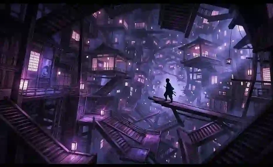 A breathtaking wide cinematic anime illustration of the Infinity Castle interior from Demon Slayer, featuring floating inverted wooden staircases, purple lighting, and a lone swordsman silhouette standing on a tilted platform.