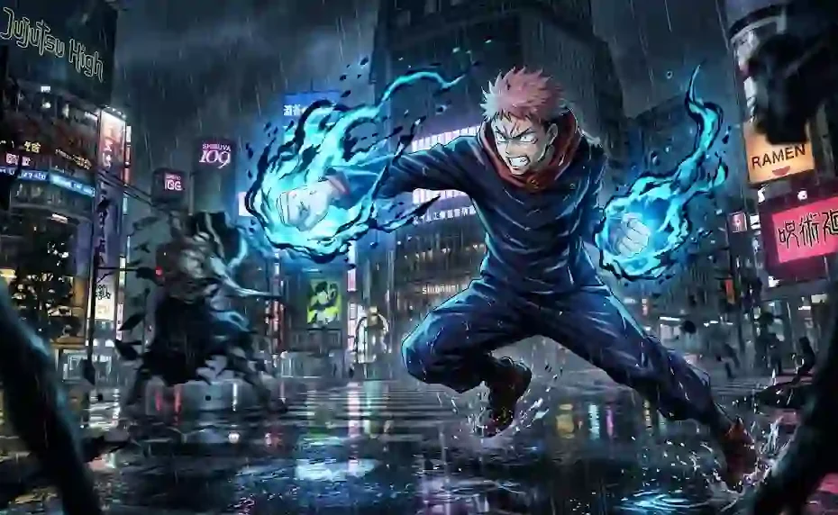 Dark rain-soaked Tokyo street mein Yuji Itadori glowing blue cursed energy ke saath mid-combat stance mein.