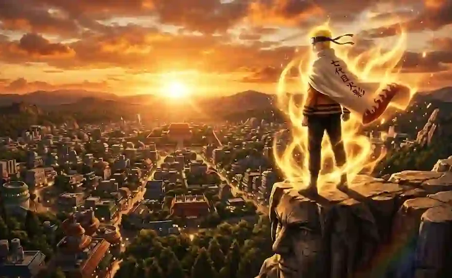Naruto Uzumaki in Seventh Hokage cloak with glowing golden chakra aura standing on Hokage Monument overlooking Hidden Leaf Village at golden hour.