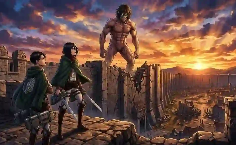 Eren Yeager in Attack Titan form standing on Wall Maria at sunset with Levi and Mikasa Ackerman in the foreground.