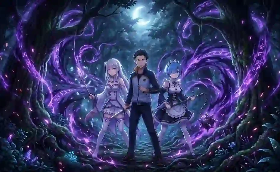 Natsuki Subaru standing between Emilia and Rem amidst dark fantasy castle ruins with glowing purple witch magic swirling in the sky.