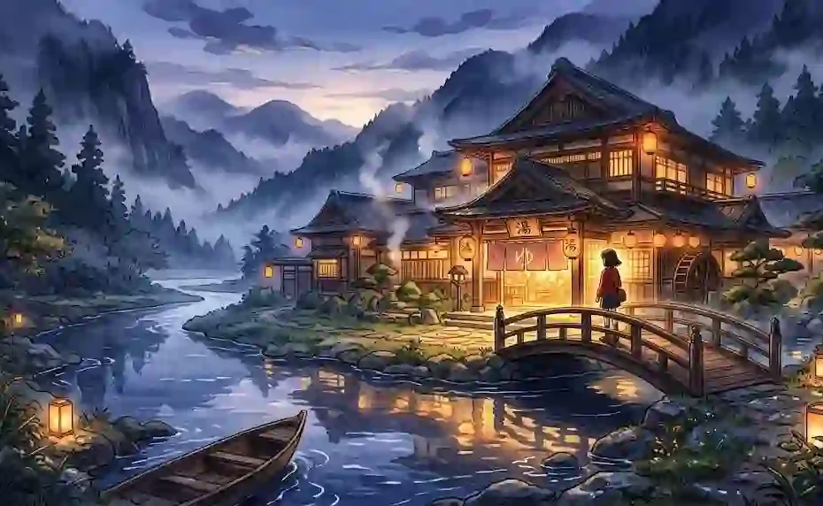 traditional-japanese-bathhouse-misty-mountains-sunset