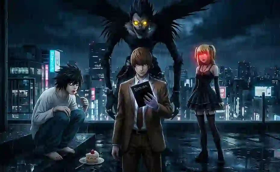 Anime-style 16:9 illustration of Light Yagami holding a glowing Death Note notebook alongside L, Misa Amane with red eyes, and Ryuk over a rainy Tokyo skyline at night.
